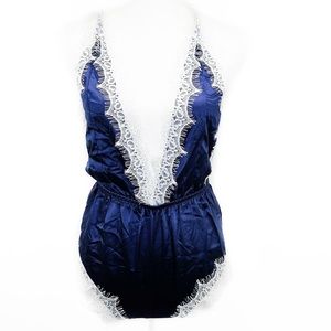 NEW Navy Blue White Eyelash Fringe Lace SHEIN Bodysuit Romper Lingerie Very Sexy